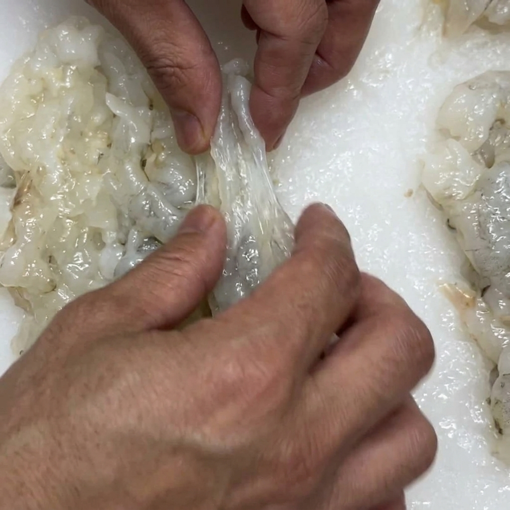 Mains étirant une crevette préparée pour lallonger avant de la paner.