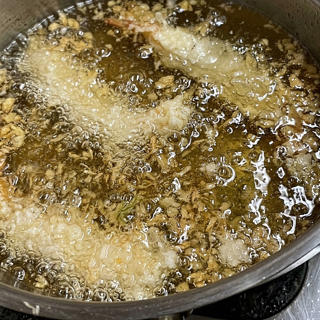 Crevettes panées en train de frire dans une huile chaude bouillonnante.