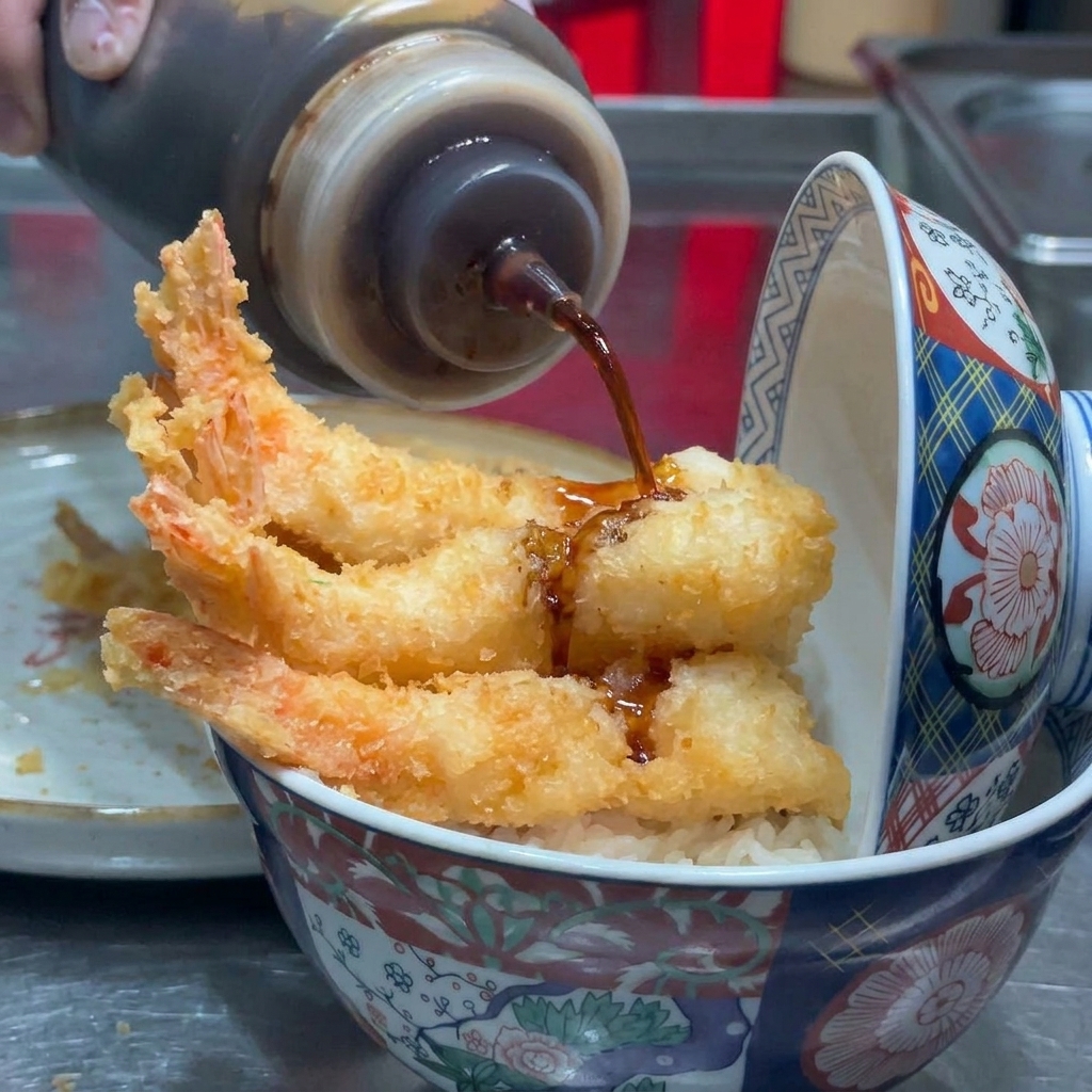 Gros plan dune sauce sombre versée depuis une bouteille à presser sur les crevettes croustillantes.