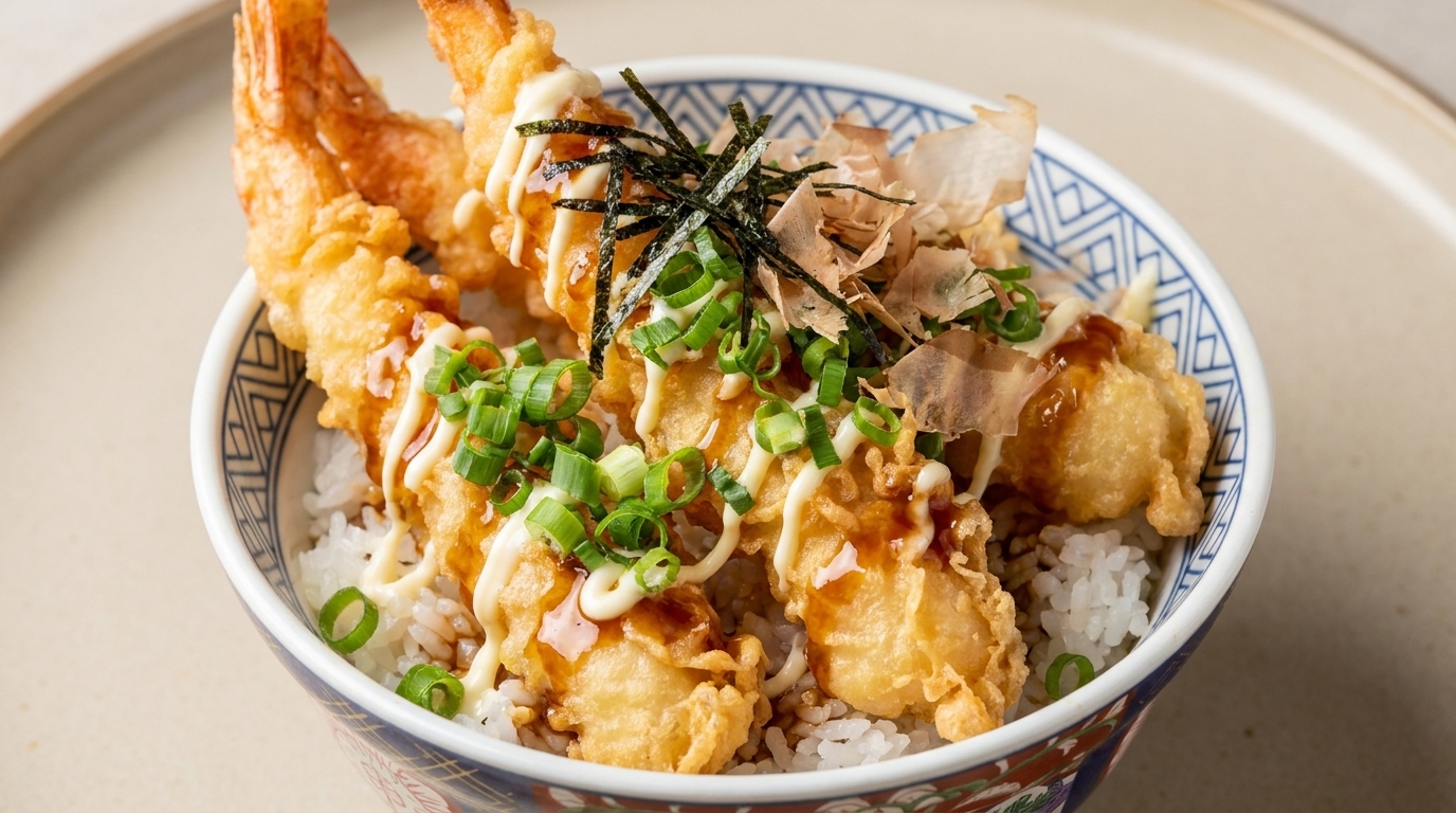 Bol de riz aux crevettes tempura croustillantes (Tendon)