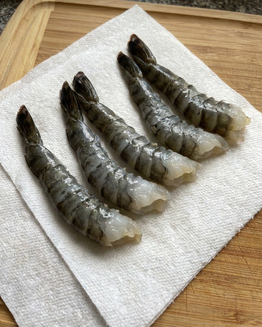Cinq crevettes propres alignées sur du papier absorbant.
