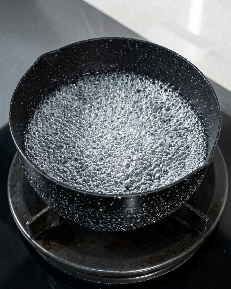 Une casserole deau frémissante avec un morceau de kombu.