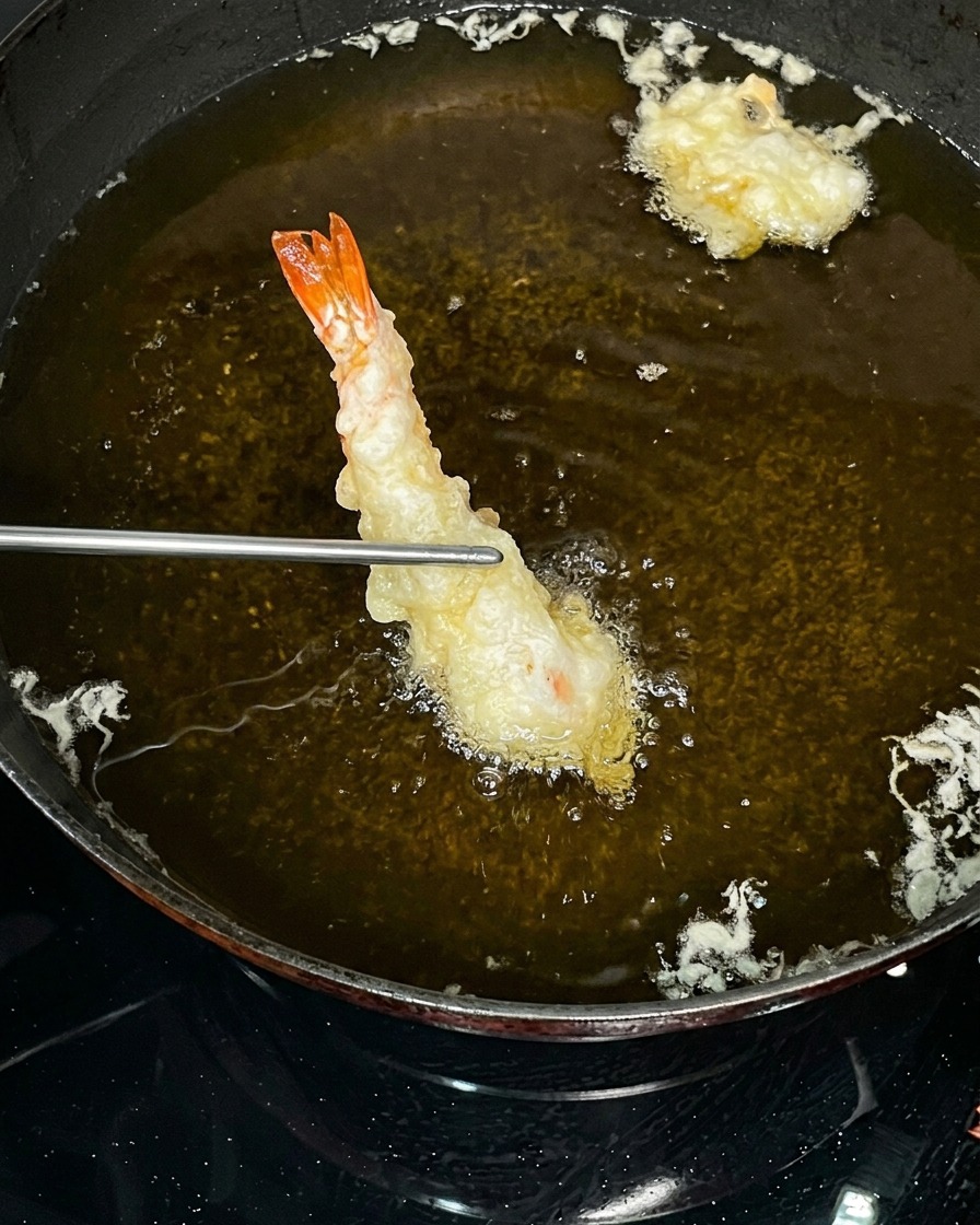 Un bol avec de la farine à tempura et de leau glacée formant une pâte grumeleuse.