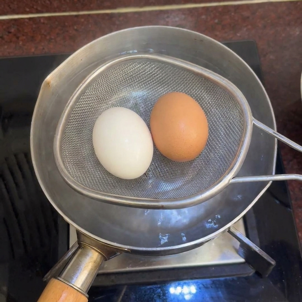 Une écumoire en métal maintenant deux œufs au-dessus dune casserole deau.