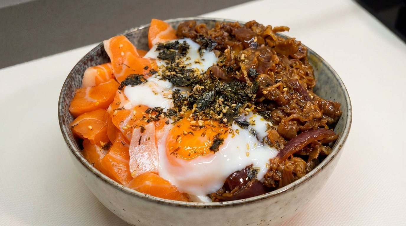 Donburi au saumon et au bœuf avec œuf onsen