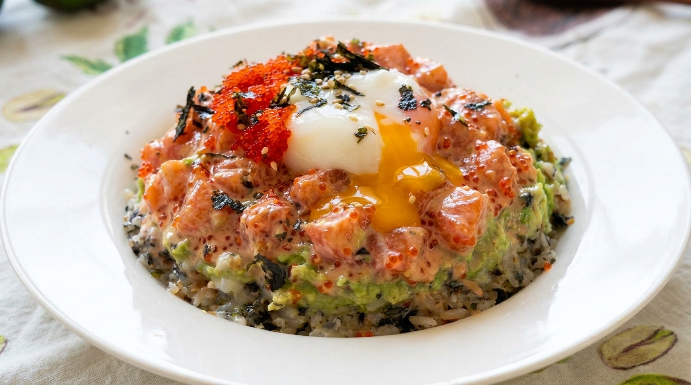 Poke Bowl crémeux au saumon et à l'avocat avec œuf Onsen