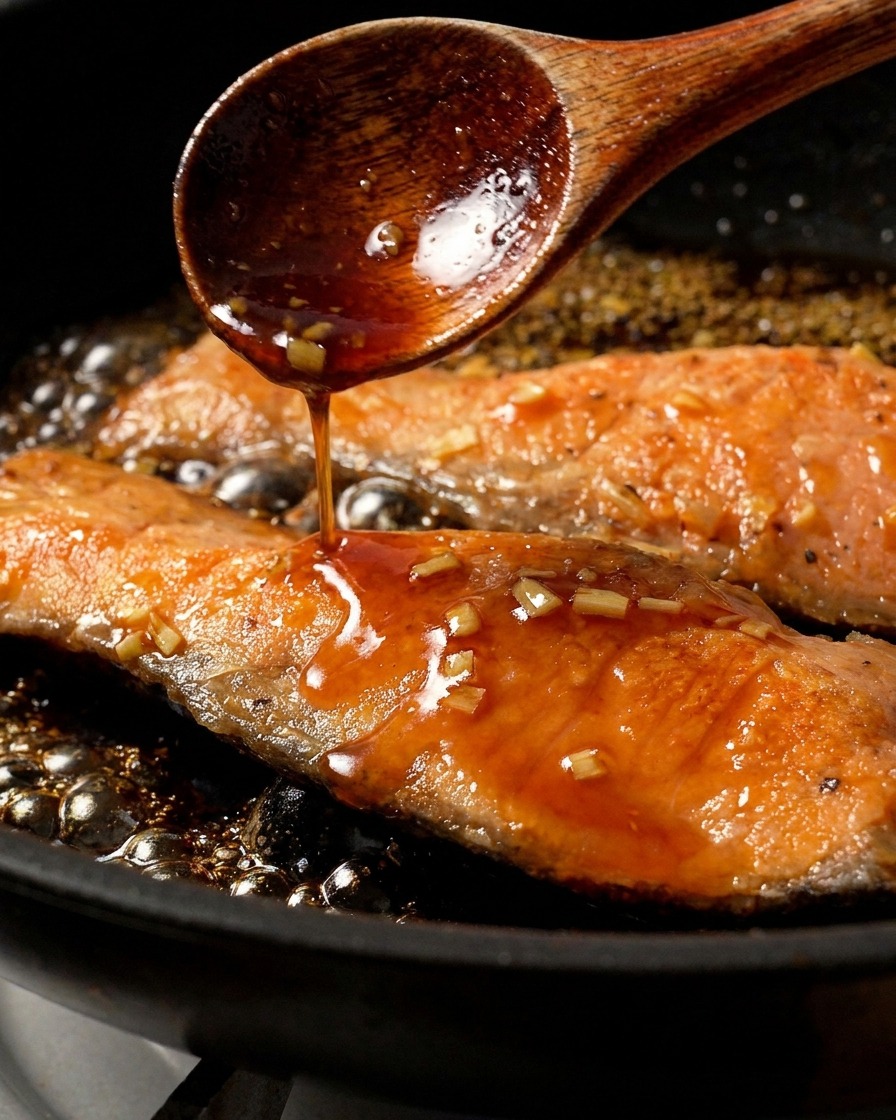 Gros plan sur une cuillère en bois nappant un pavé de saumon cuit avec une sauce brune épaisse et bouillonnante dans une poêle.