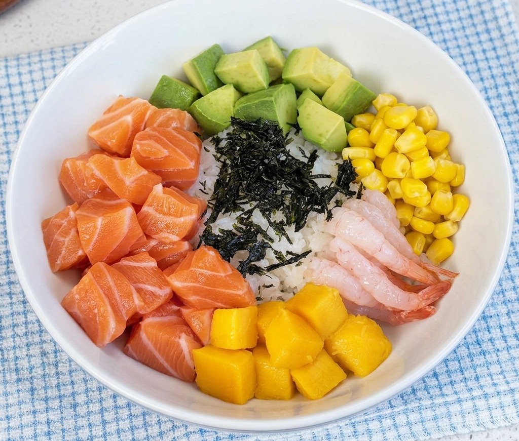 Fines lanières dalgues séchées noires déposées au centre dun poke bowl coloré.