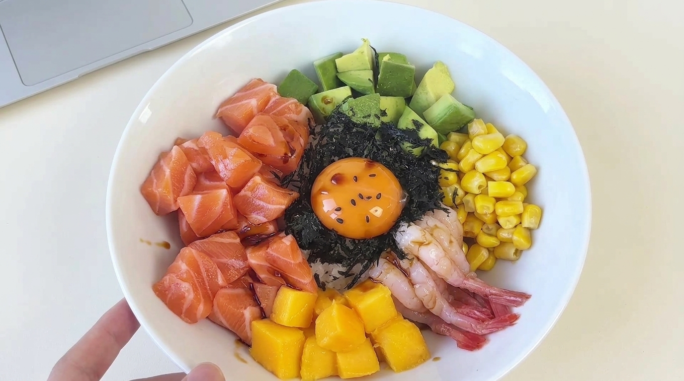 Poke Bowl au Saumon, Avocat, Crevettes Douces et Mangue