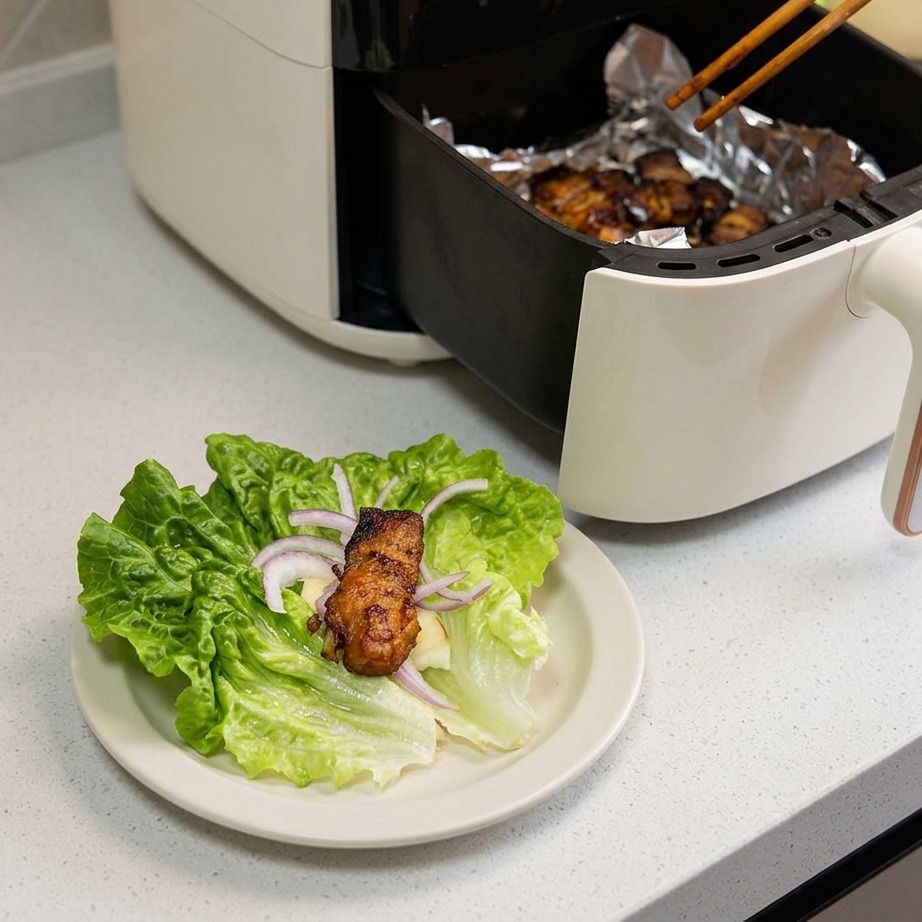 Une paire de baguettes en bois déposant un morceau de porc croustillant et doré sur une feuille de salade verte garnie doignons.