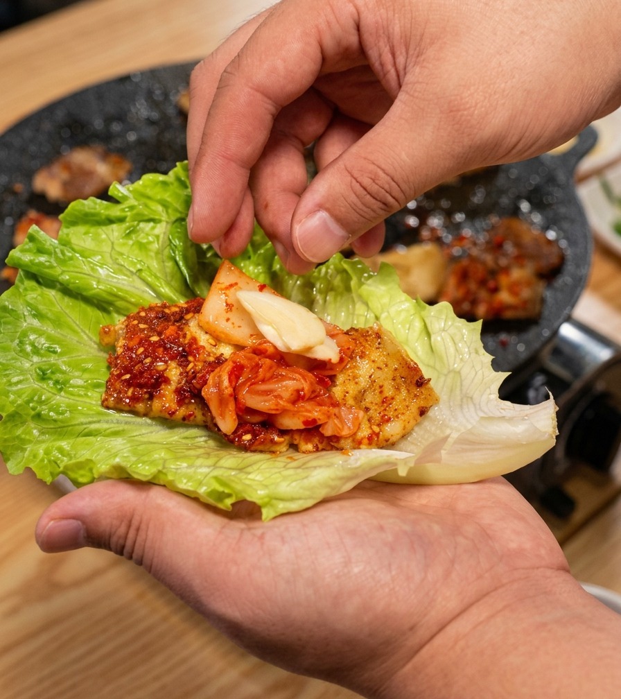 Une main ajoutant une fine tranche dail frais dans un wrap de laitue contenant du porc et du kimchi.