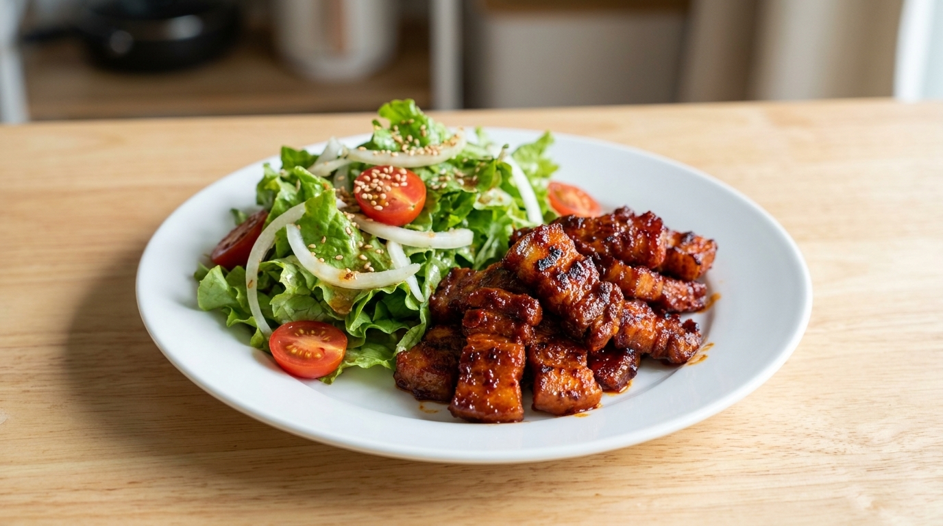 Poitrine de porc caramélisée au Gochujang et sa salade fraîche d'oignons