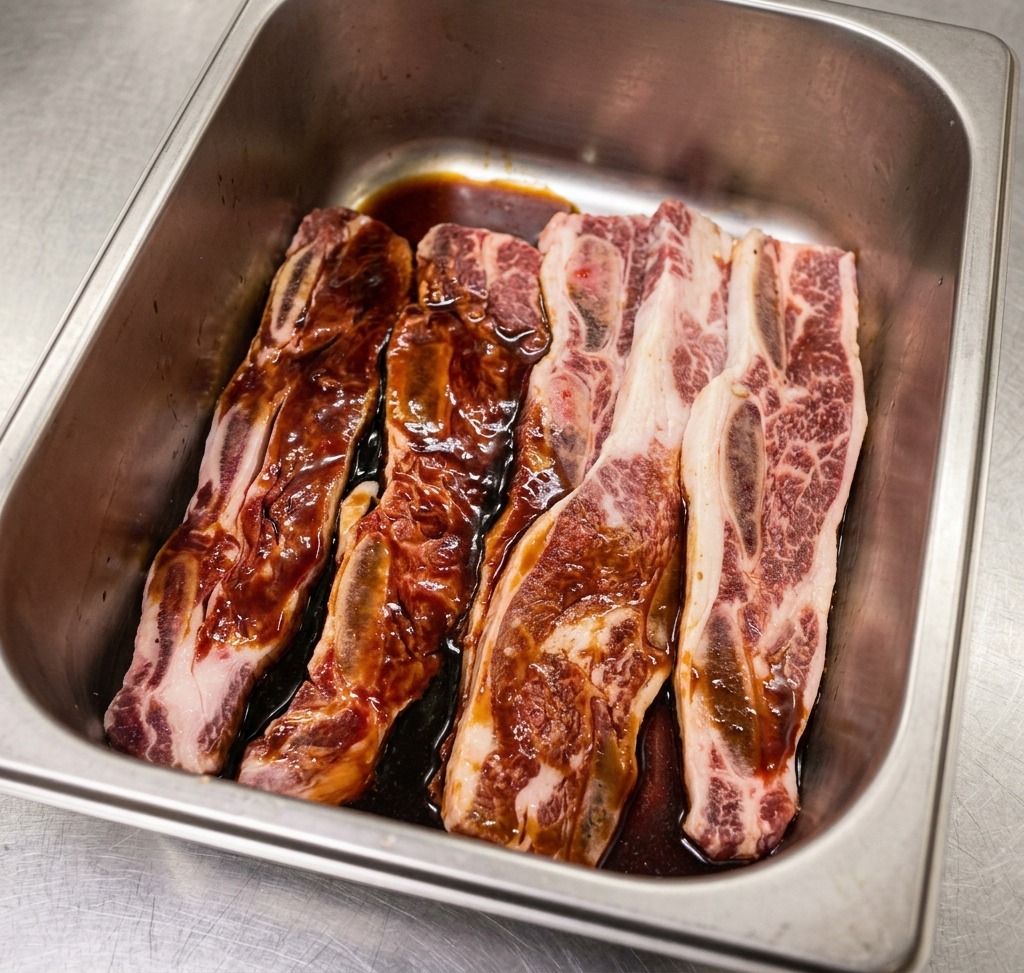 Travers de bœuf crus reposant dans un fond de sauce soja foncée au fond dun récipient en acier inoxydable.
