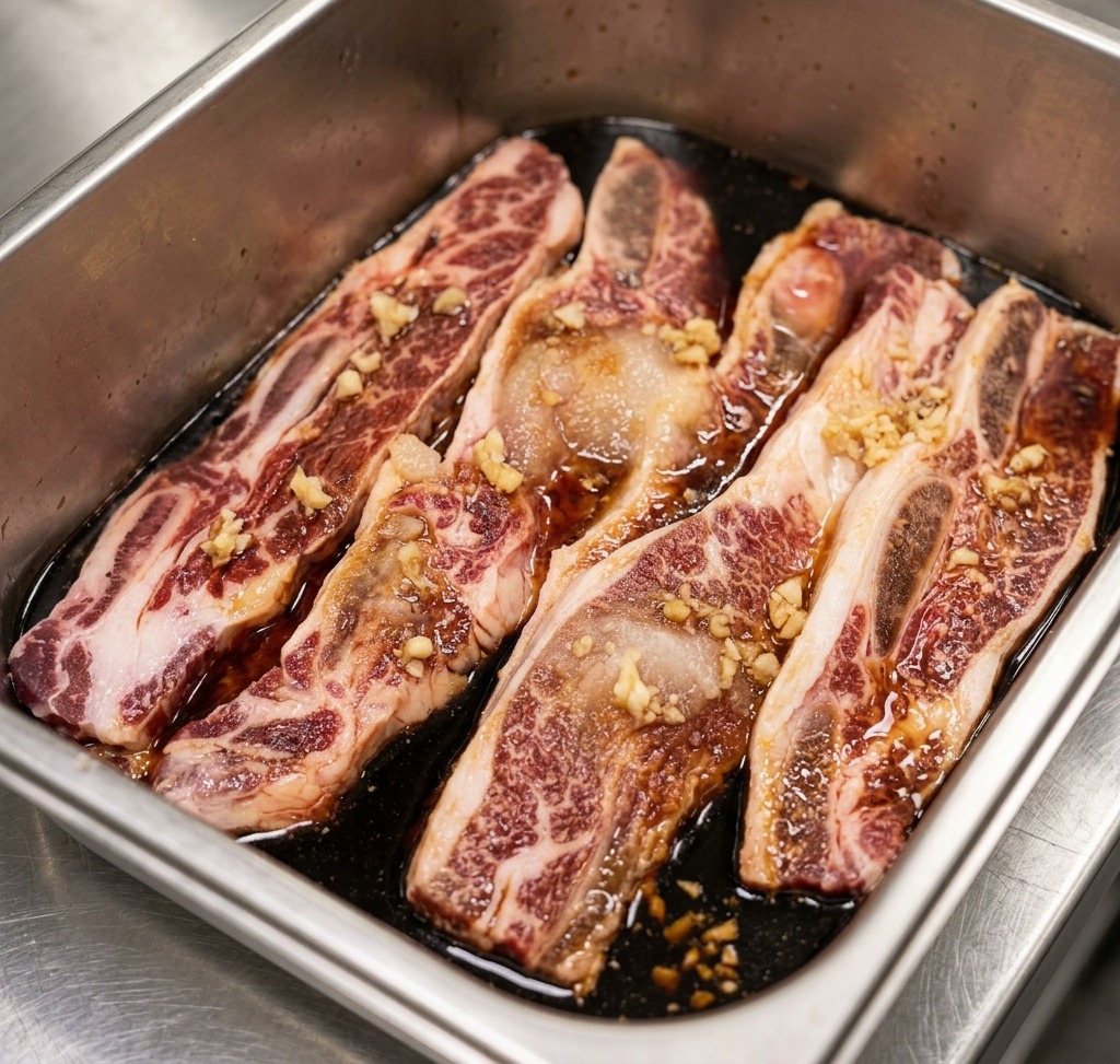 Petits tas dail haché déposés sur des travers de bœuf crus dans un plateau de marinade.