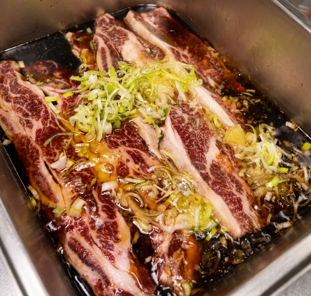 De leau claire versée dans un plateau métallique contenant des côtes de bœuf, de la sauce soja et un grand tas doignons verts émincés.