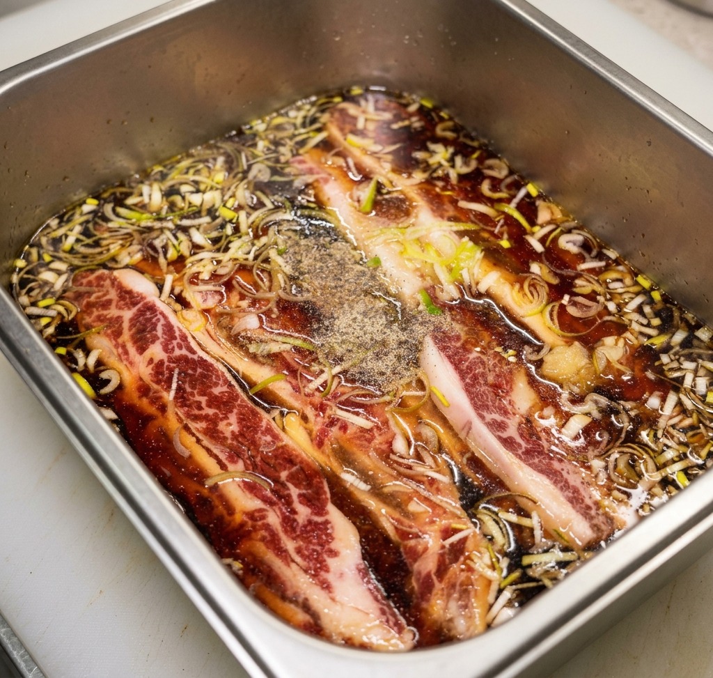 Un plateau de travers de bœuf submergés dans la marinade avec un voile de fine poudre de poivre noir à la surface.