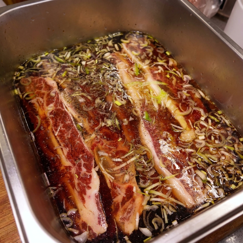 Travers de bœuf immergés dans une marinade sombre à base de soja dans un plateau en inox, avec des oignons verts émincés visibles et un voile de poivre noir à la surface.