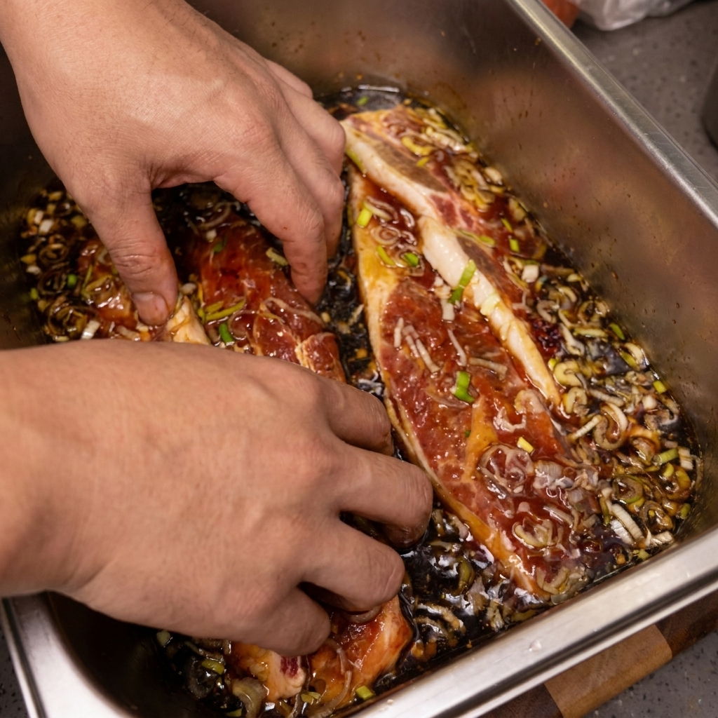 Des mains mélangeant des travers de bœuf crus avec une marinade sombre à base de soja et des oignons verts émincés dans un plateau en inox.