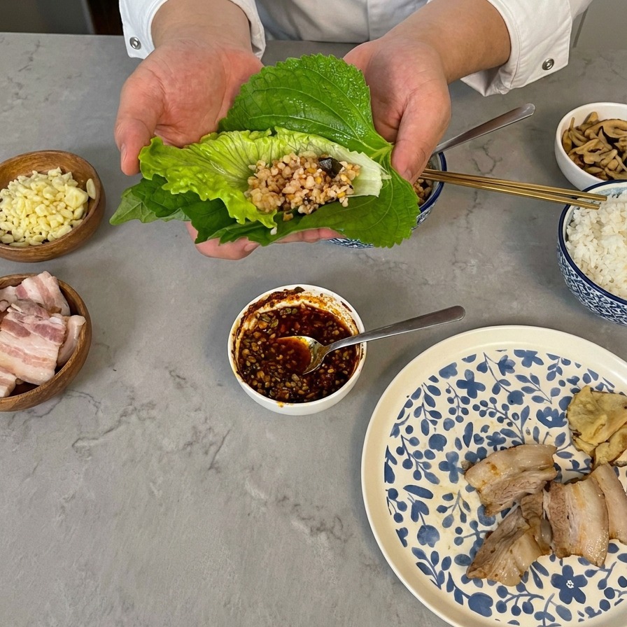 Ajout de riz blanc cuit dans un wrap de légumes tenu à deux mains, entouré de petits plats dail et de viande.