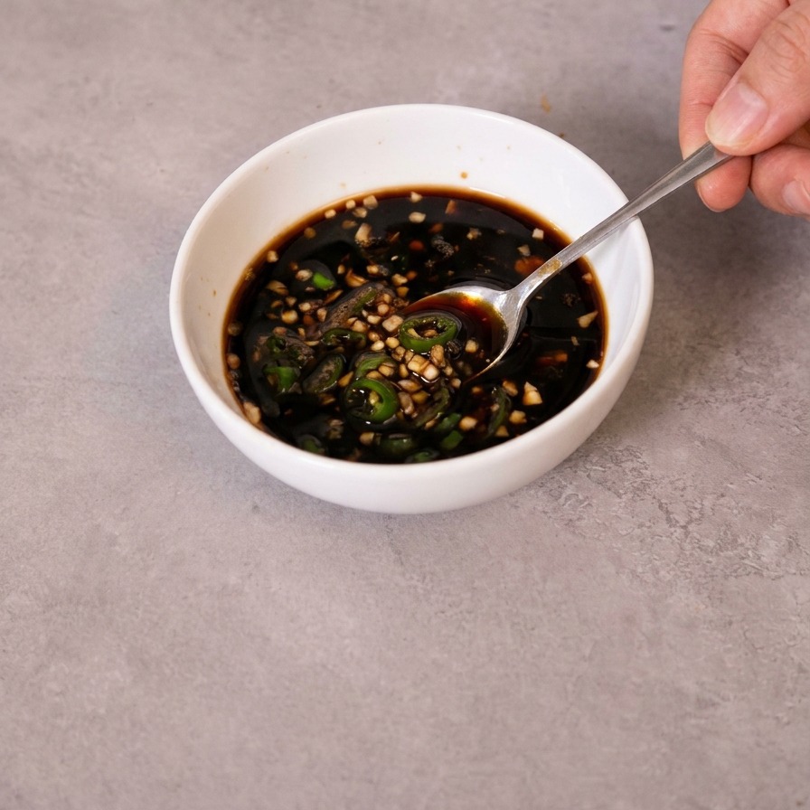 Mélange à la cuillère dune base de sauce soja avec de lail haché et des piments verts émincés dans un petit bol.