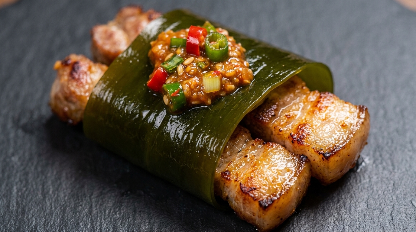 Samgyeopsal : Poitrine de porc grillée coréenne en wraps de laitue et varech