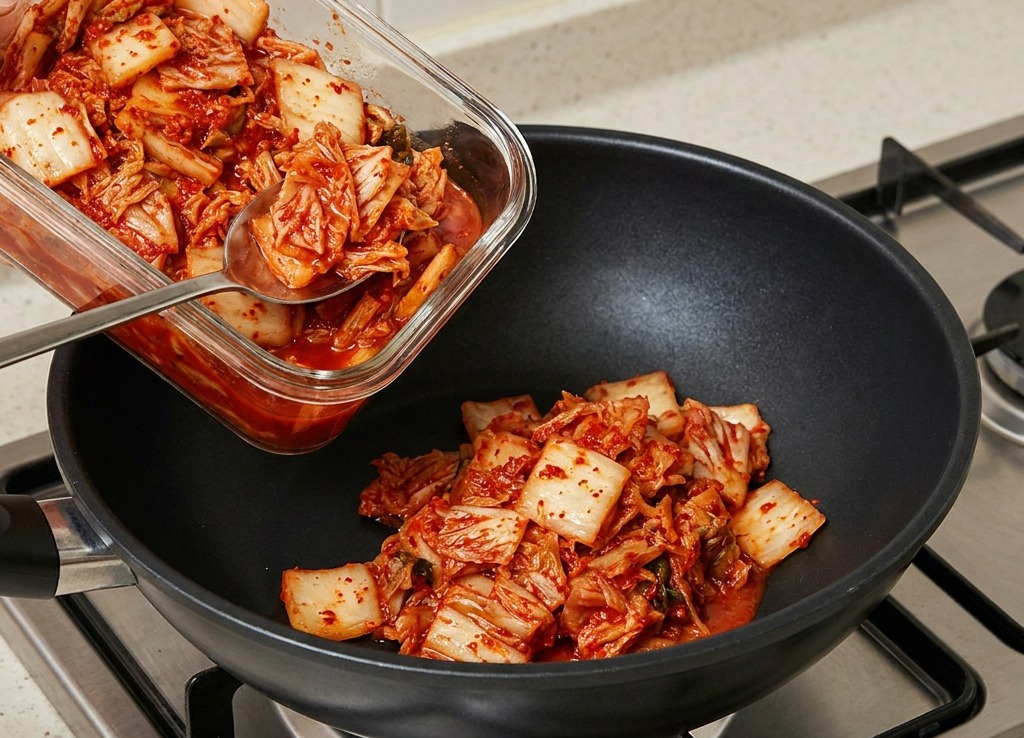 Versement de morceaux de kimchi de chou rouge fermenté depuis un récipient en verre vers une poêle sur une cuisinière à gaz.