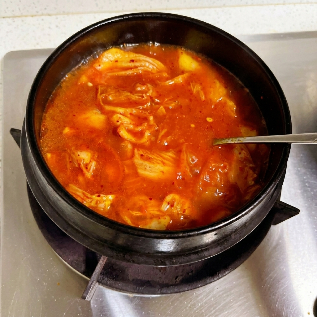 Une cuillère en métal remuant un bouillon rougeâtre dans un pot en pierre pour dissoudre de la pâte de soja.