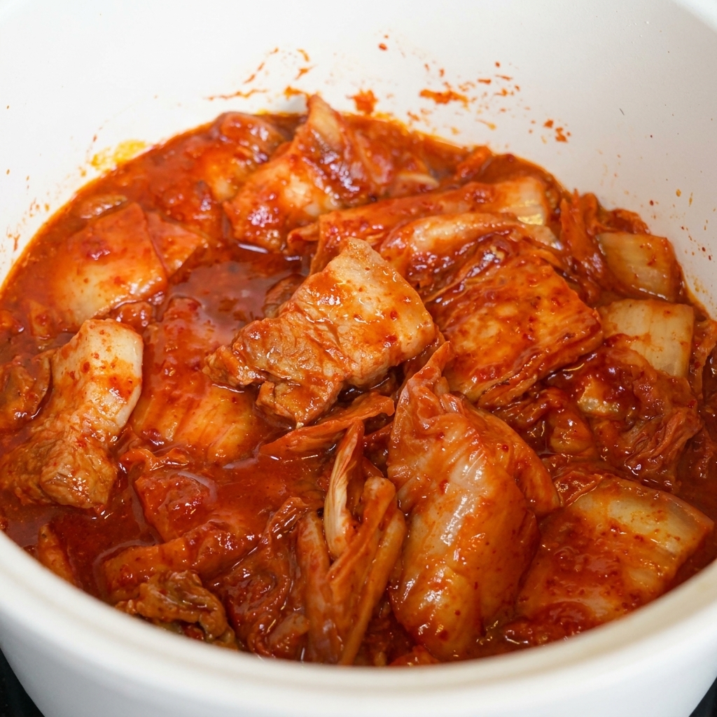 Kimchi émincé et morceaux de poitrine de porc mélangés ensemble dans une marmite, parfaitement enrobés de sauce au piment rouge.