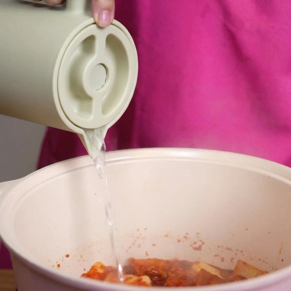 De leau claire versée depuis un pichet vert clair dans une marmite remplie de kimchi et de poitrine de porc dans un bouillon rouge.