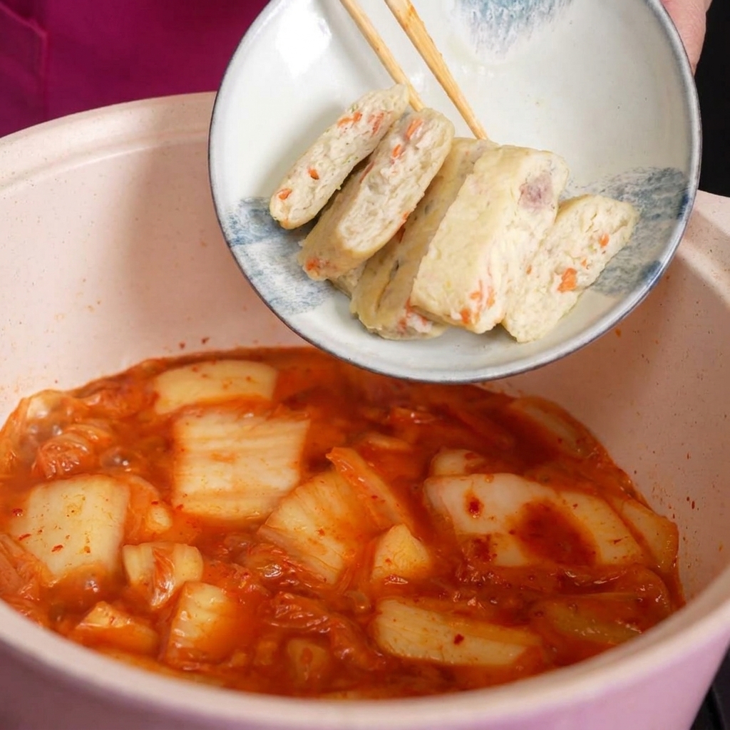 Un petit bol blanc de gâteaux de poisson émincés avec des morceaux de carotte visibles vidé dans une marmite frémissante de soupe rouge au kimchi.
