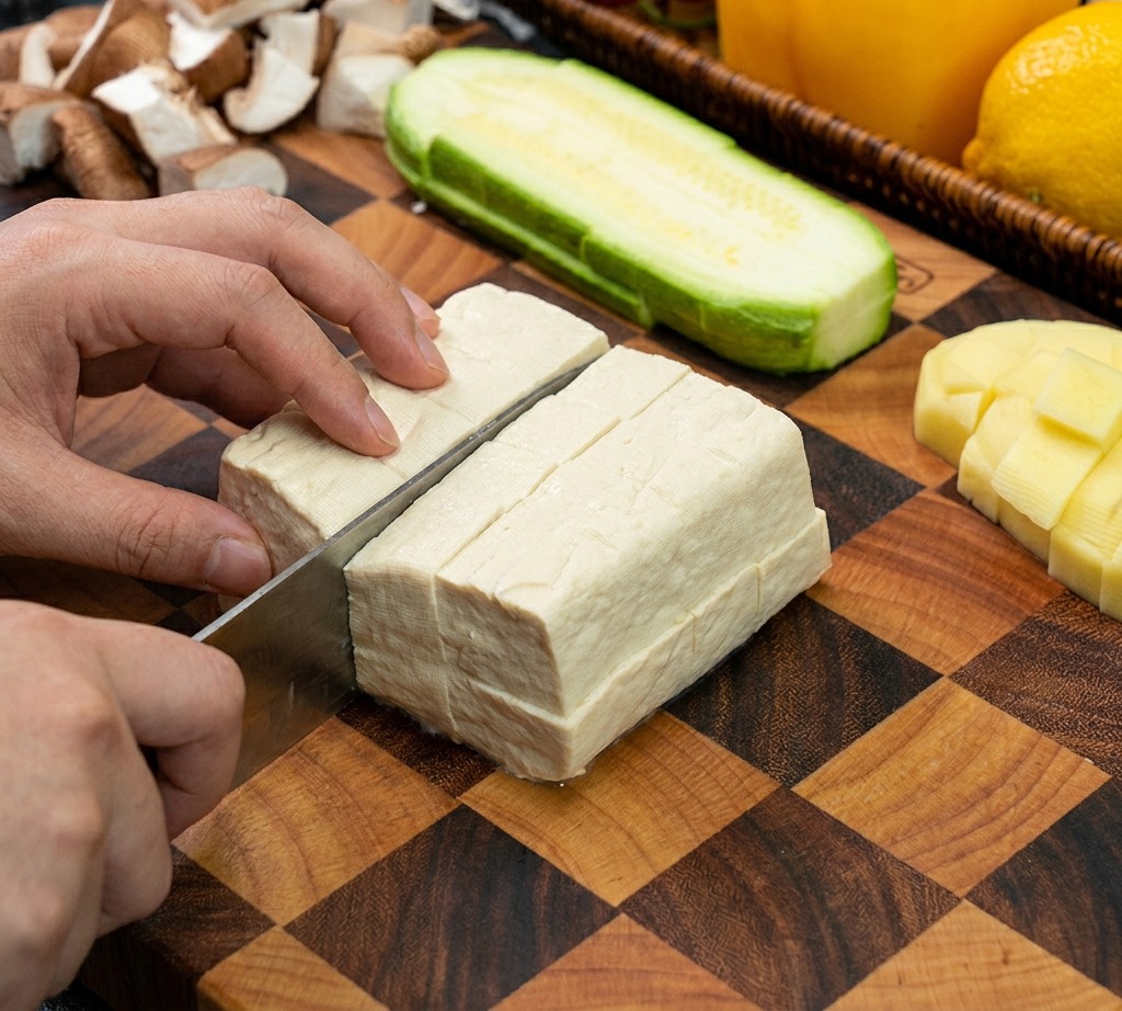 Une main maintenant un bloc de tofu blanc pendant quil est coupé en cubes uniformes sur un plan de travail en bois.