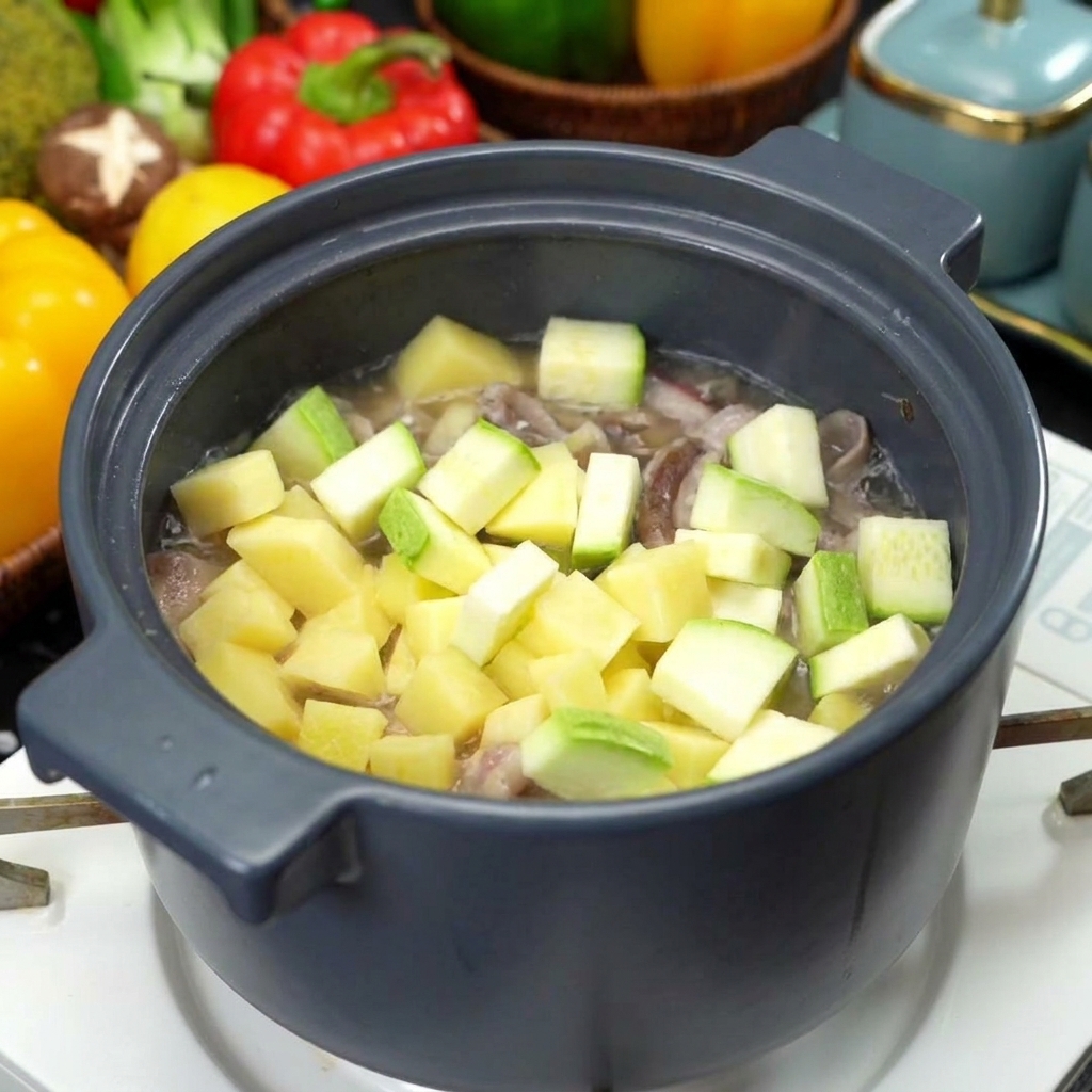 Des dés de pomme de terre crue et de courgette verte ajoutés dans une marmite sombre contenant les tranches de bœuf saisies.