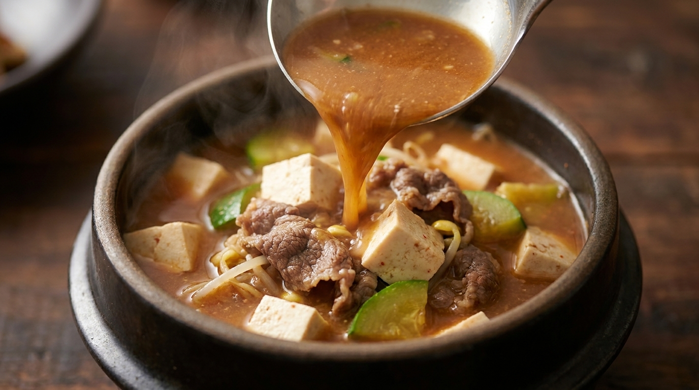 Un bol fumant de Doenjang-jjigae au bœuf, révélant un riche bouillon de soja garni de tofu et de tendres lamelles de viande.