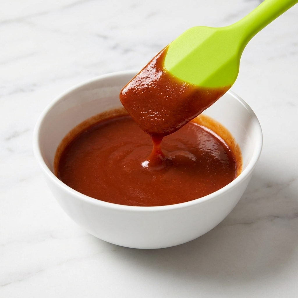Un bol blanc contenant une sauce dassaisonnement rouge vif et lisse, mélangée à laide dune spatule en silicone vert clair.