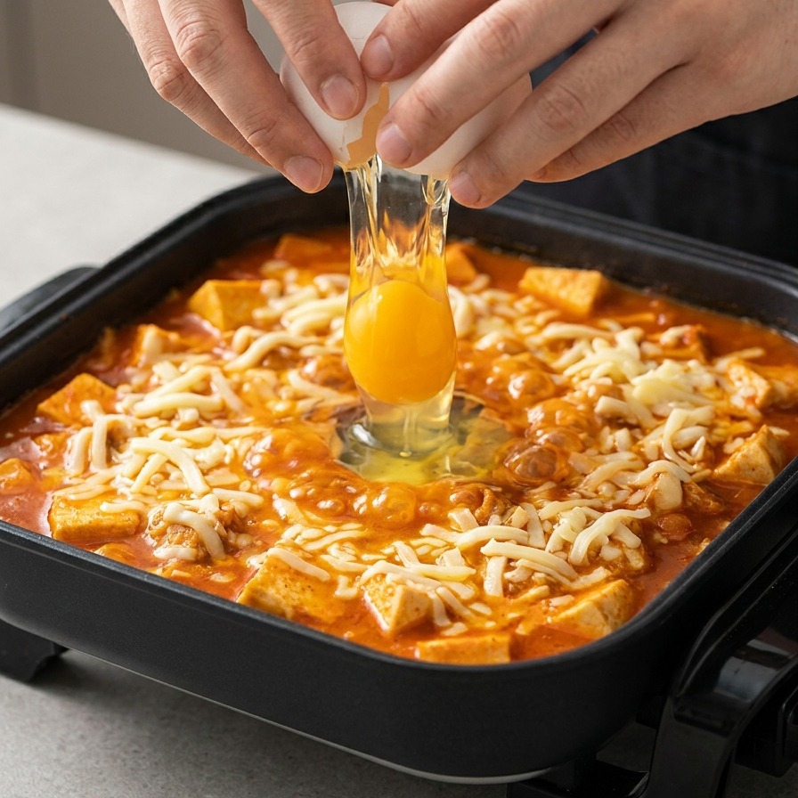Des mains cassant un œuf frais au centre dun ragoût de larmée coréenne bouillonnant et couvert de fromage fondu.