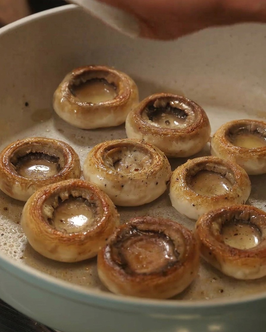 Des chapeaux de champignons grillés dans une poêle, assaisonnés de grains visibles de sel de mer et de poivre noir.