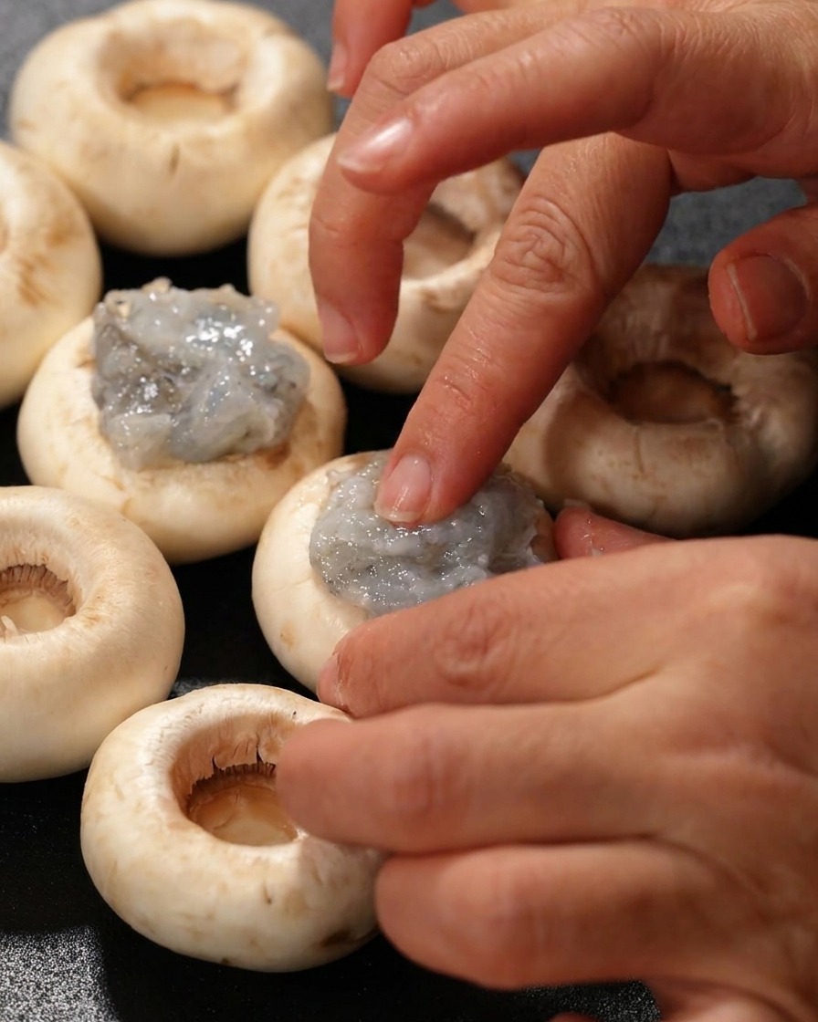 Une main utilisant un doigt pour presser et lisser la pâte de crevettes crue au centre dun chapeau de champignon.
