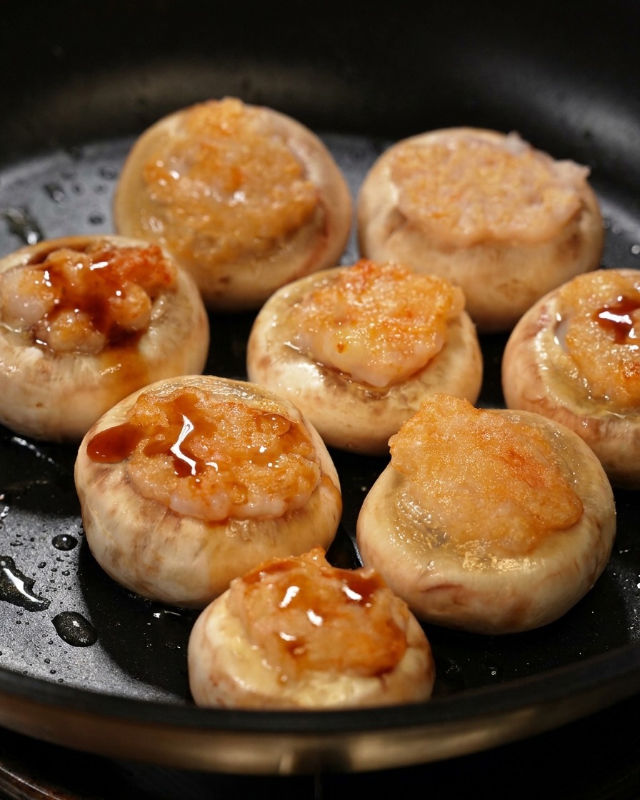 Une sauce dassaisonnement brun foncé versée sur des champignons farcis et dorés dans une poêle.