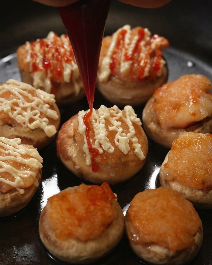 Du ketchup rouge versé à laide dune poche à douille sur des champignons déjà nappés de mayonnaise blanche.