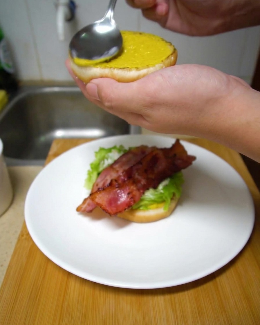 Une personne utilisant une cuillère en argent pour recouvrir lintérieur dun pain à burger grillé avec de la moutarde jaune vif.