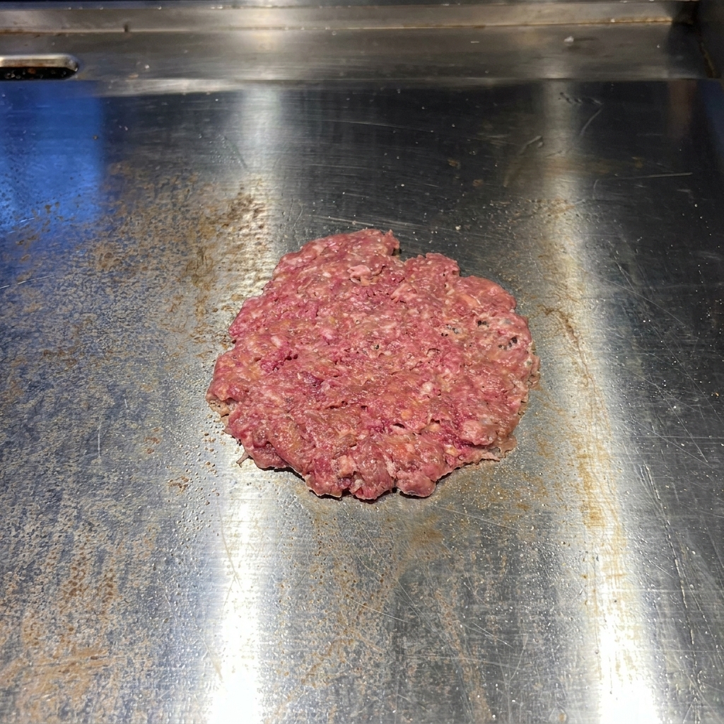 Un steak de bœuf cru écrasé sur une plaque en acier, assaisonné de grains de sel et de poivre noir visibles.