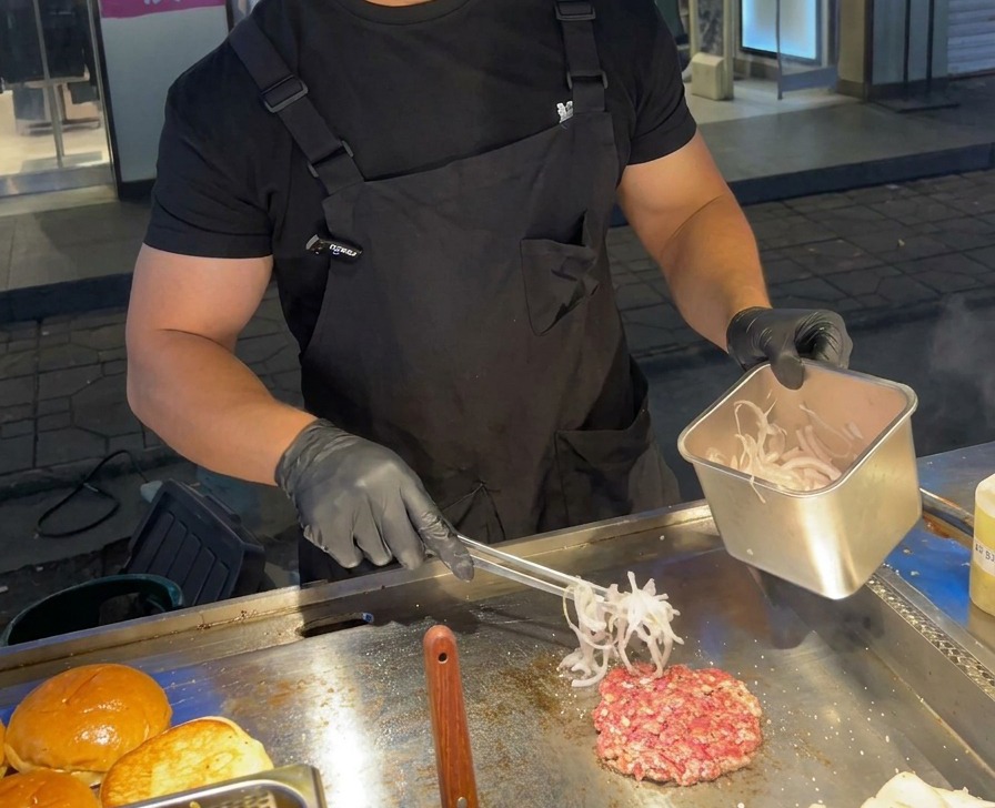 Un chef utilisant des pinces en métal pour déposer des oignons rouges émincés sur une plaque chaude à côté du steak.