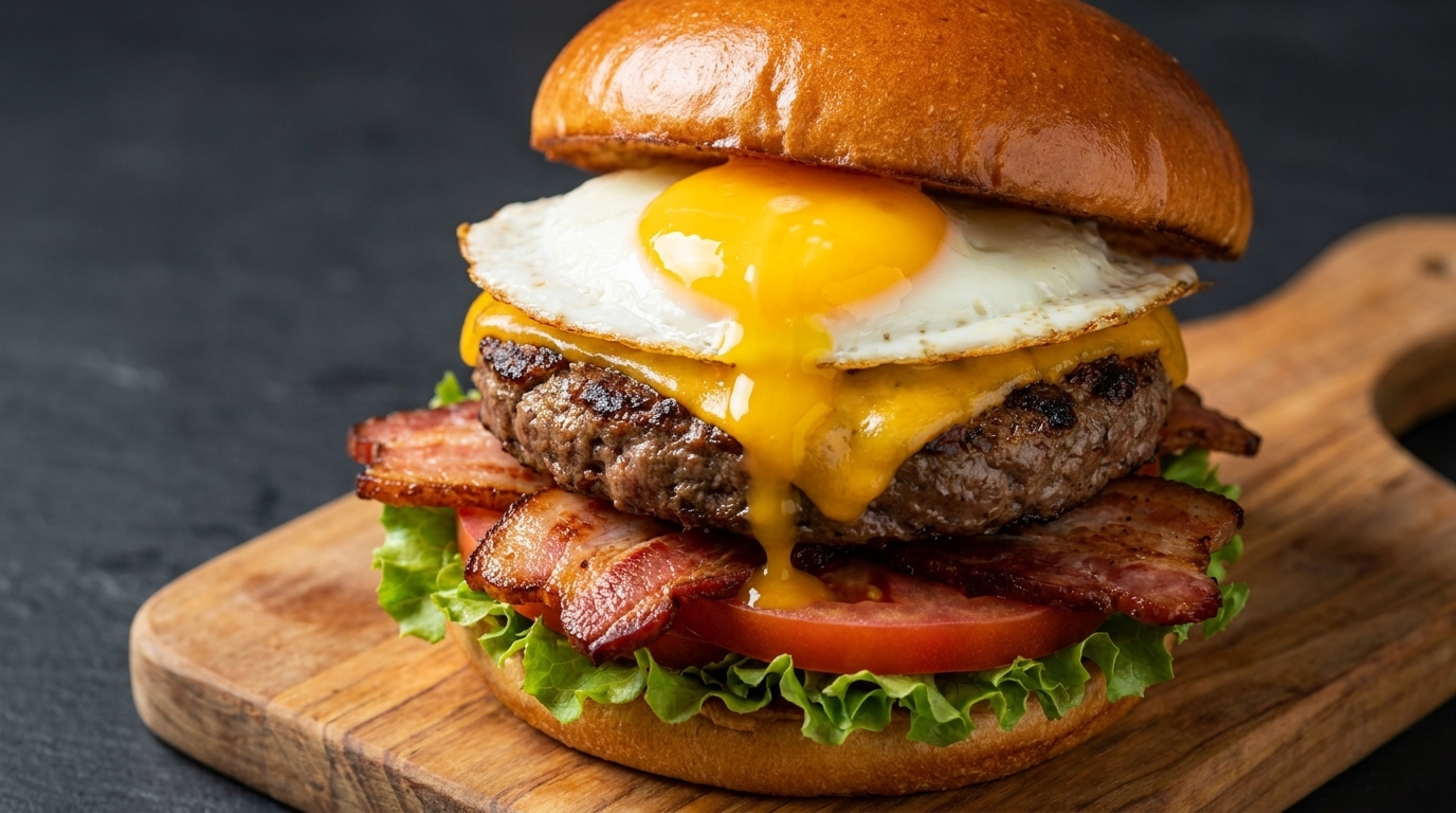 Burger gourmet œuf au plat et bacon avec sauce secrète