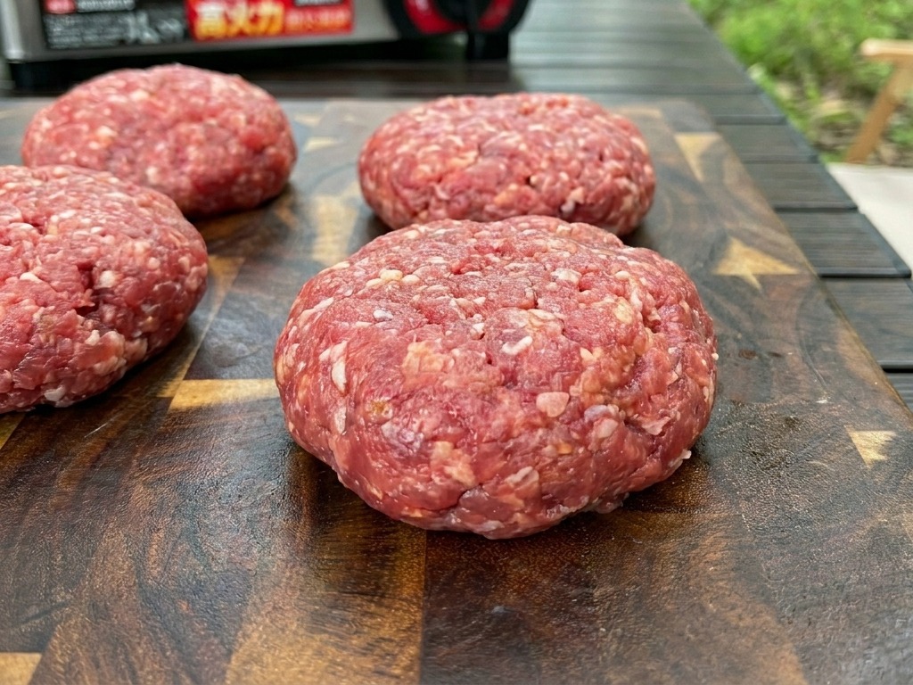Quatre steaks hachés crus, épais et ronds, disposés sur une planche à découper en bois sombre à lextérieur.