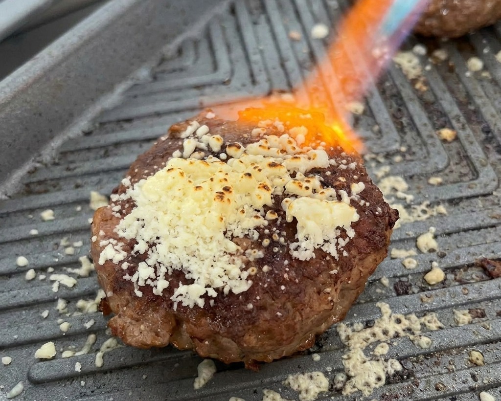 Un steak de bœuf sur une plancha chaude dont on brûle le fromage râpé à laide dun chalumeau de cuisine pour le faire fondre.