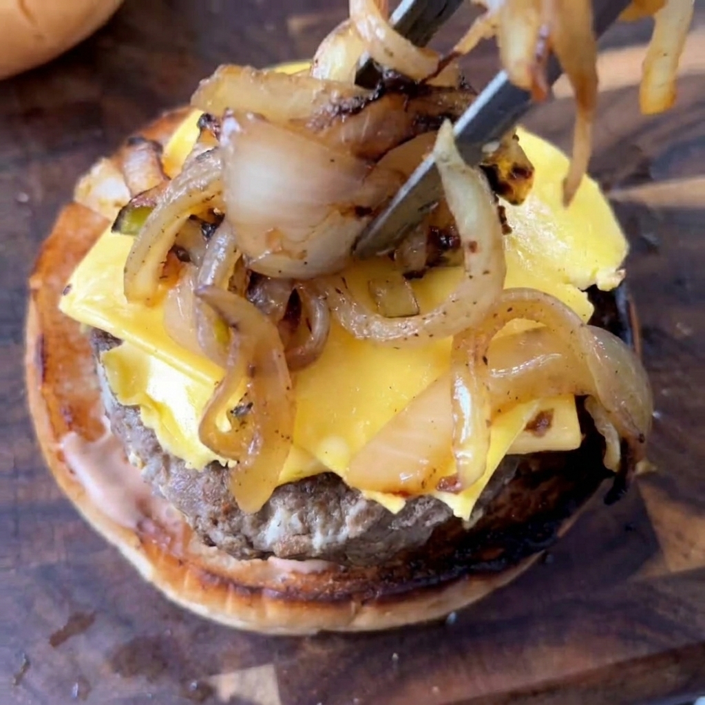 Des pinces déposant une portion doignons caramélisés sur le steak recouvert de fromage dun burger.