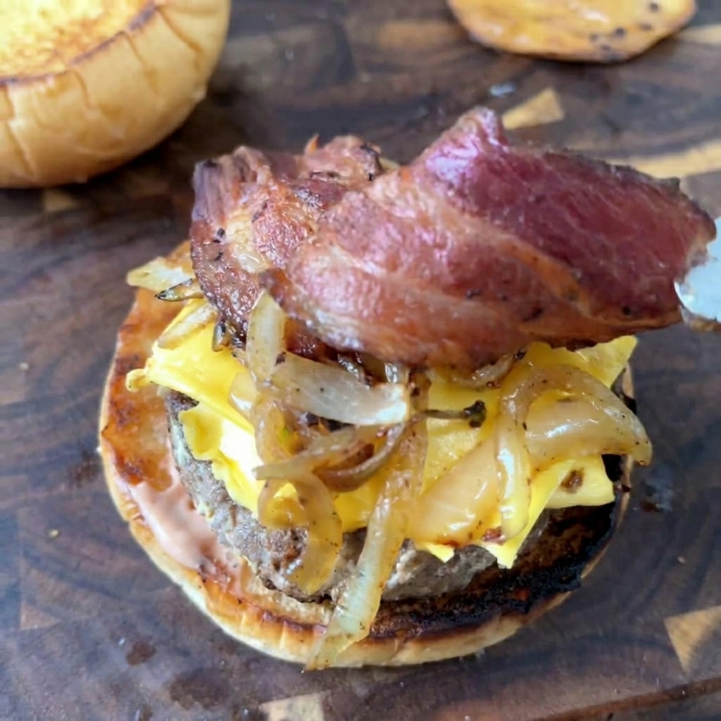 Des tranches croustillantes de bacon cuit placées sur les oignons lors de lassemblage du burger.