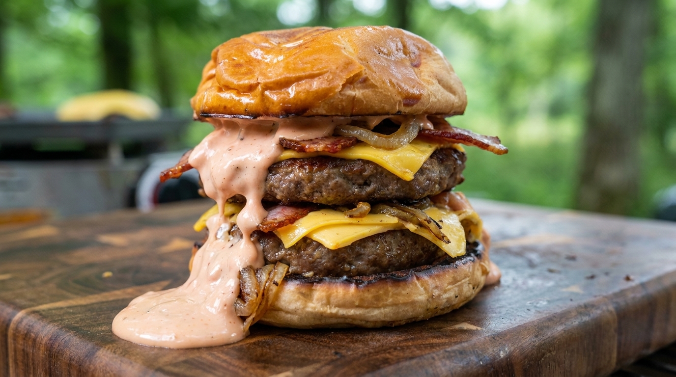Double Cheeseburger Bœuf et Bacon en Plein Air, Sauce Rose Maison
