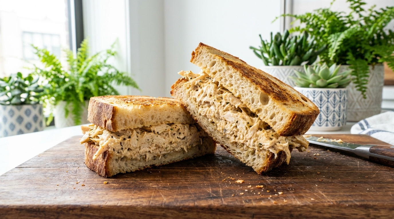 Sandwich gourmet au poulet effiloché et pain au levain
