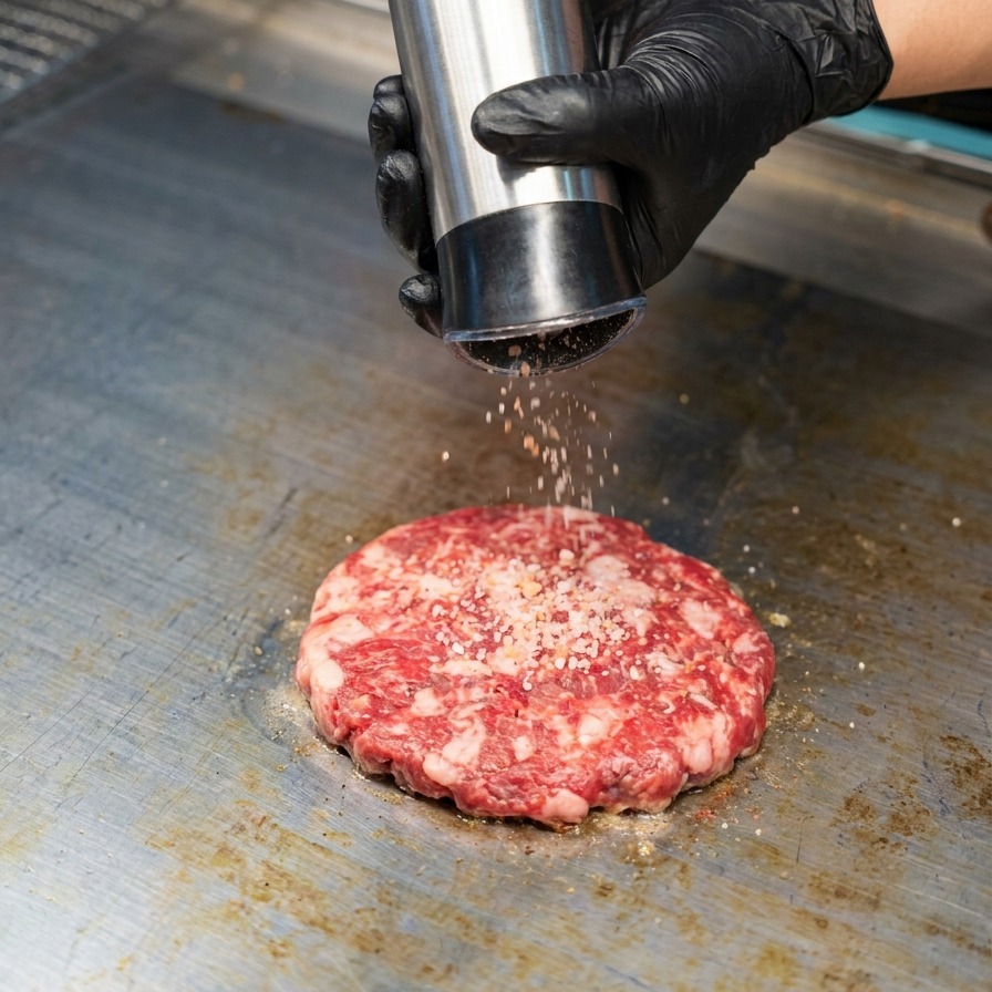 Gros plan sur du sel et du poivre noir déposés par un moulin électrique sur un steak de bœuf cru cuisant sur une plancha.